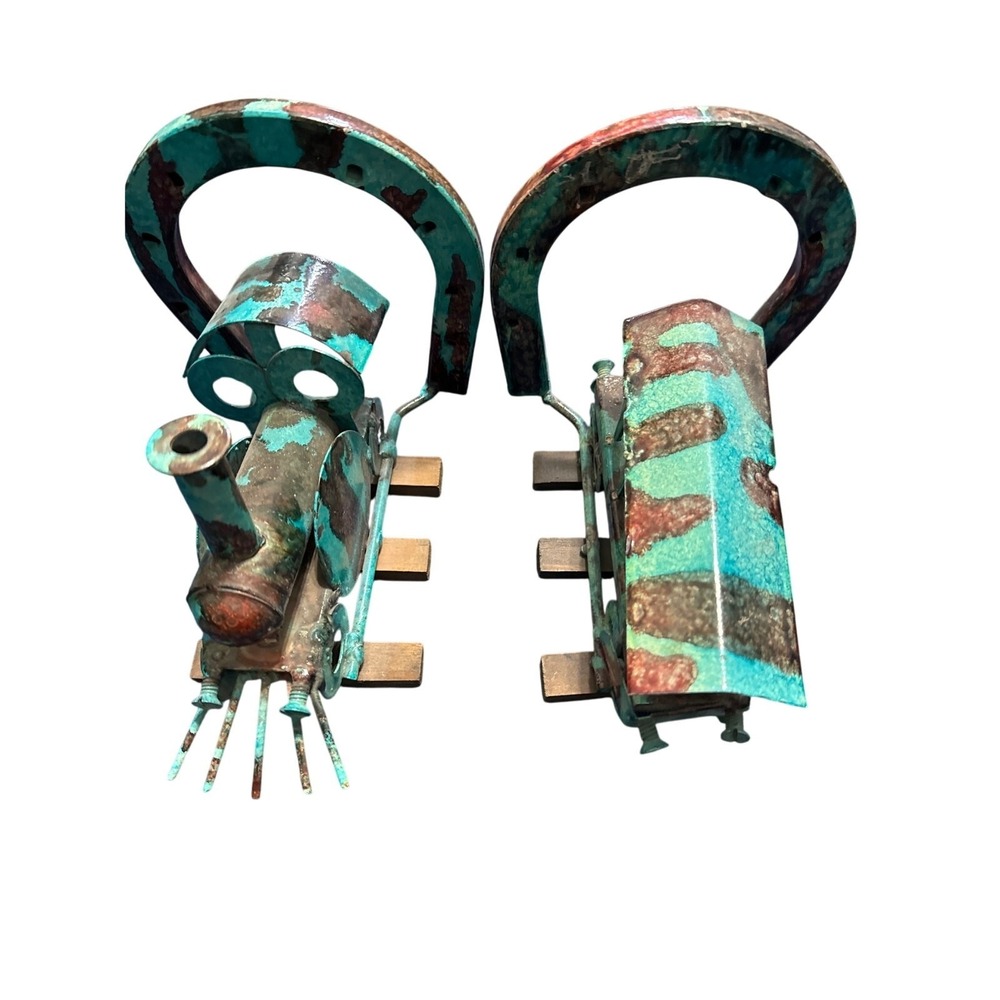 Handmade metal art bookends Train and Coboose-‎ Teal and brown